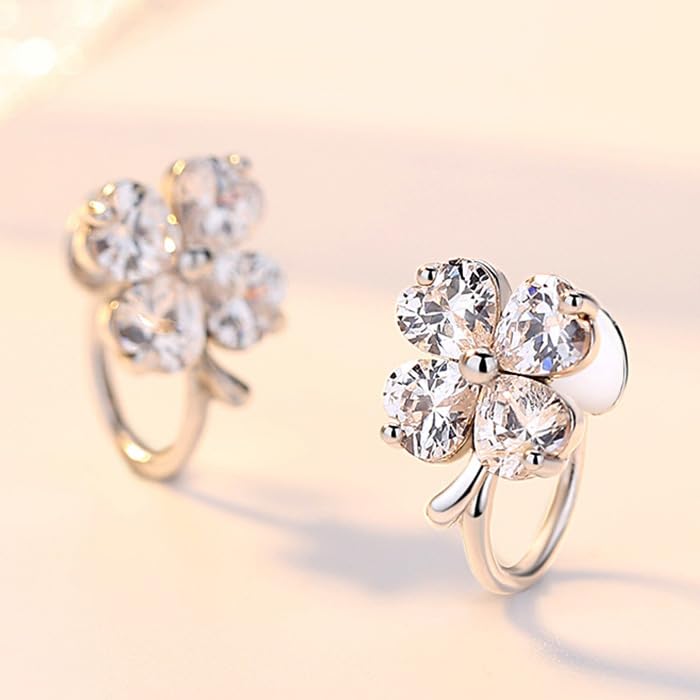 Clover Ear 925 Suitable for Metal Platinum Popular Gift for Women [Glam Jewelry] Four-leaf Earrings, Cuffs, Silver, Allergies, Finish, Zirconia,