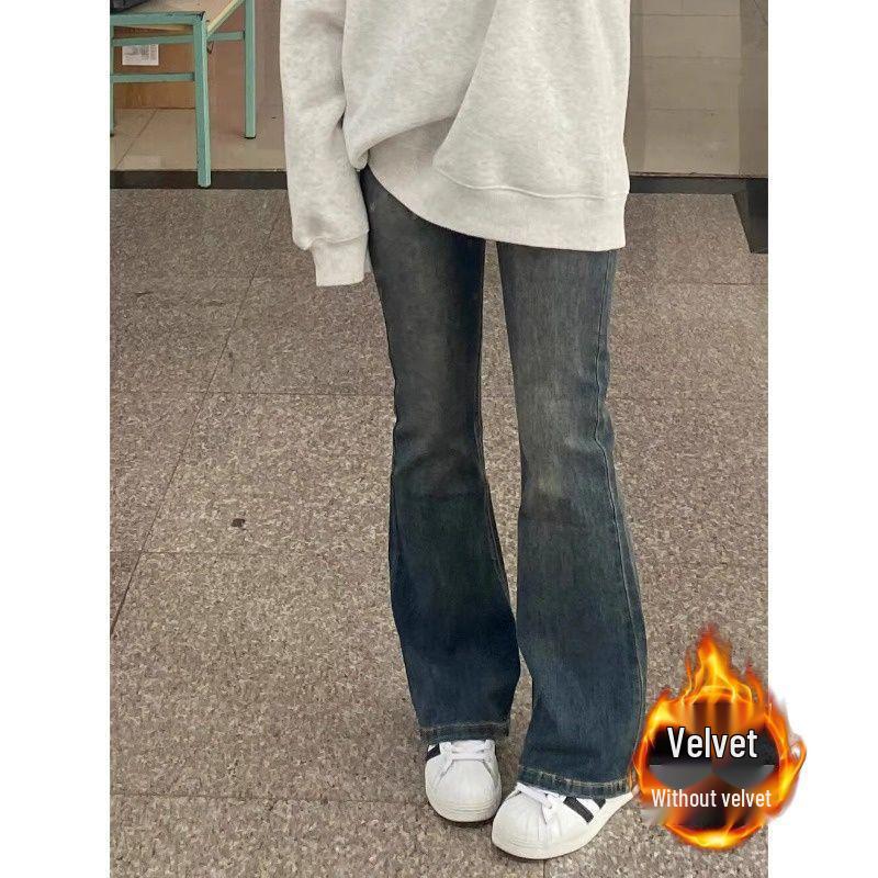 Cement Gray High-Waisted Micro-Flare Jeans with Plus Velvet for Women - Autumn/Winter Slimming Pear-Shaped Fit