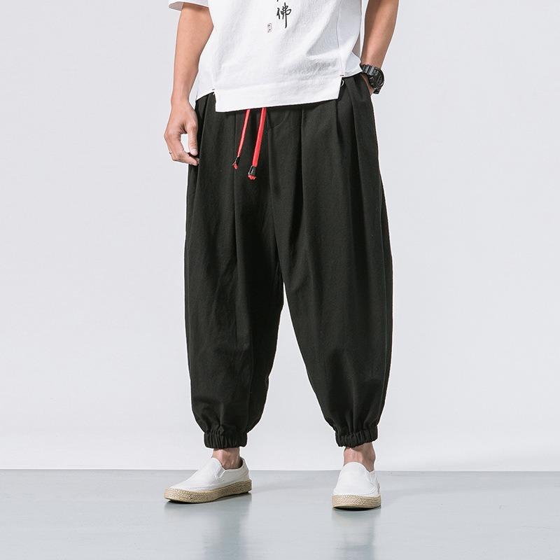 Mens Loose Solid Color Drawstring Lantern Harem Casual Cropped Pants