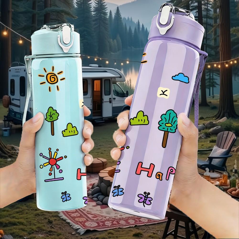 1PC Happy Day Slogan 750ml Color Plastic Sports Water Bottle Leakproof Flip Straw Lid Suitable for Sports Office Home Use