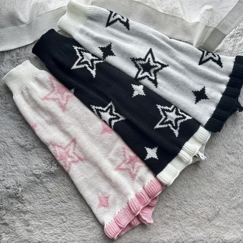 Punk Women Leg Warmers Japanese Aesthetic Star Pattern Flared Knitted Foot Cover Ruffle Trim Long Stockings Streetwear