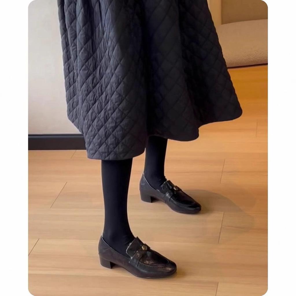 Blue Cabinet~ Rabbit Hair~ Loafers Women's Autumn and Winter New Coarse Heel French Single Shoes Versatile Fleece Warm Cotton Shoes Small Leather Sh