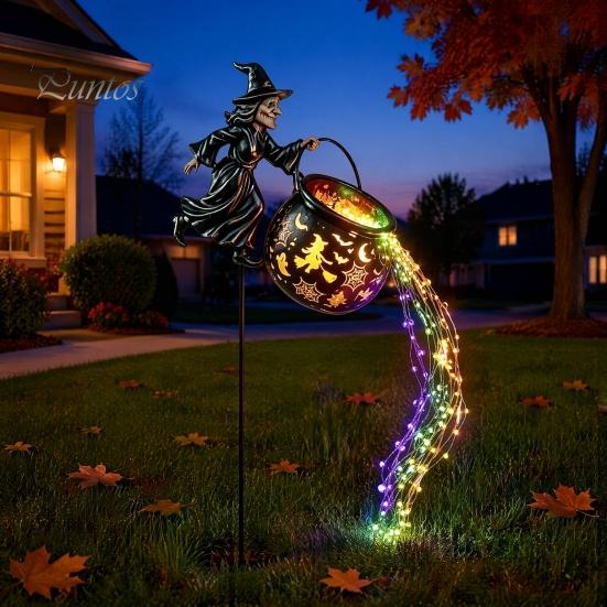 Halloween Garden Decorations Witch Cauldron Yard Light, Flying Silhouette Stake with Colorful Glowing Art for LED, Spooky Outdoor Decorative