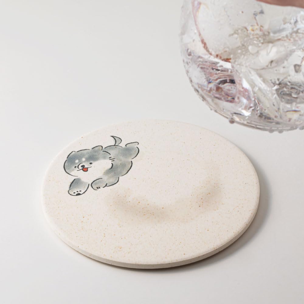 &NE Ceramic Diatomaceous Earth Coaster, "Mameshiba" (Walking), 9.7cm Diameter X 0.6cm Thick, Absorbent, Made In Japan, Mino Ware, Asbestos-Free,