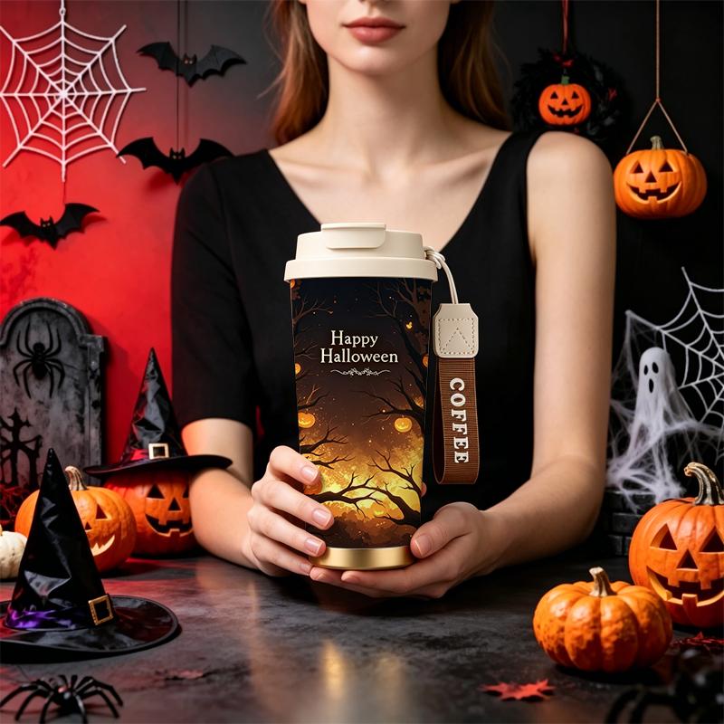 Halloween Coffee Cup 532ml Gold Forest Pumpkin Lantern Ghost MotifCar Portable Cup Outdoor Water Cup Portable Thermos Coffee Cup 532ml