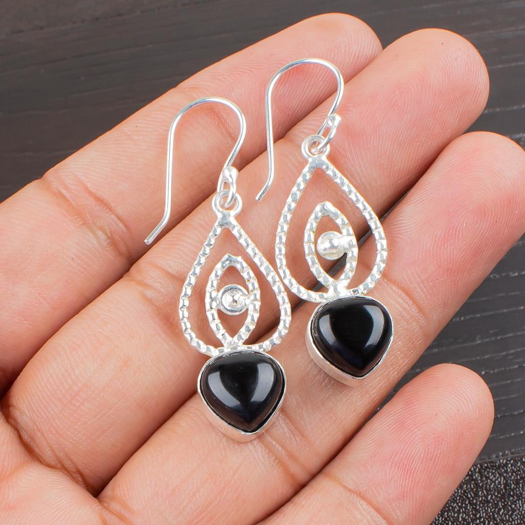 Natural Black Tourmaline Gemstone 925 Sterling Silver Handcrafted Earrings 2.00" EE-32-27