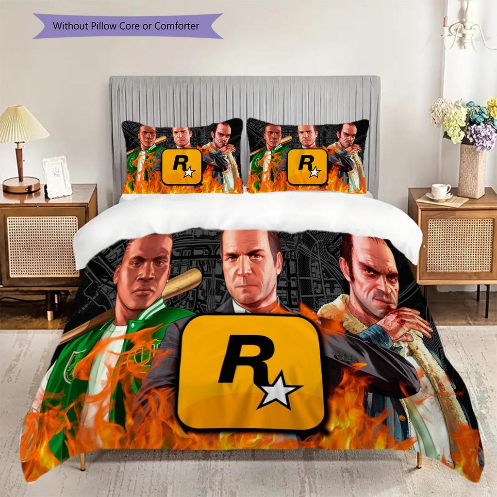 Grand Theft Auto Online Action Adventure Bedding (1 * Duvet Cover + 2 * Pillowcase, Without Core) 2D Flat Christmas Birthday Gift Bedding Set