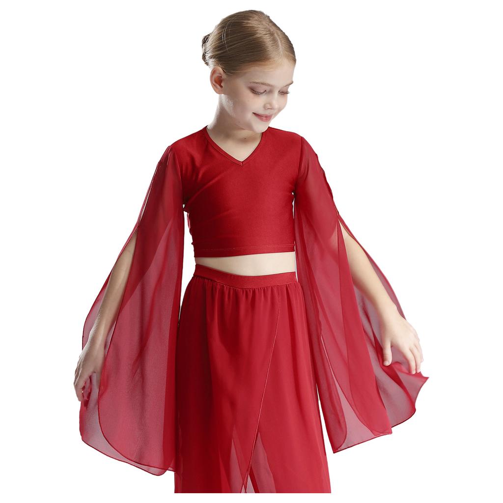 Girls Classical Dance Crop Top: V Neck Split Flared Sleeves Elegant Top for Practice Performance