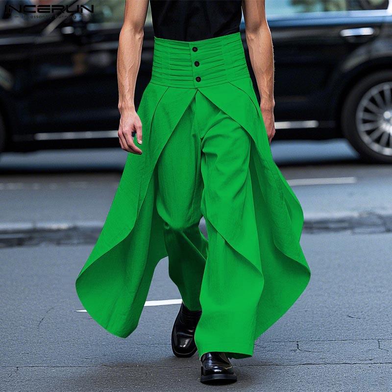 

INCERUN Men Zip-Up High Waist Long Layers Trousers Casual Pants M бежевый