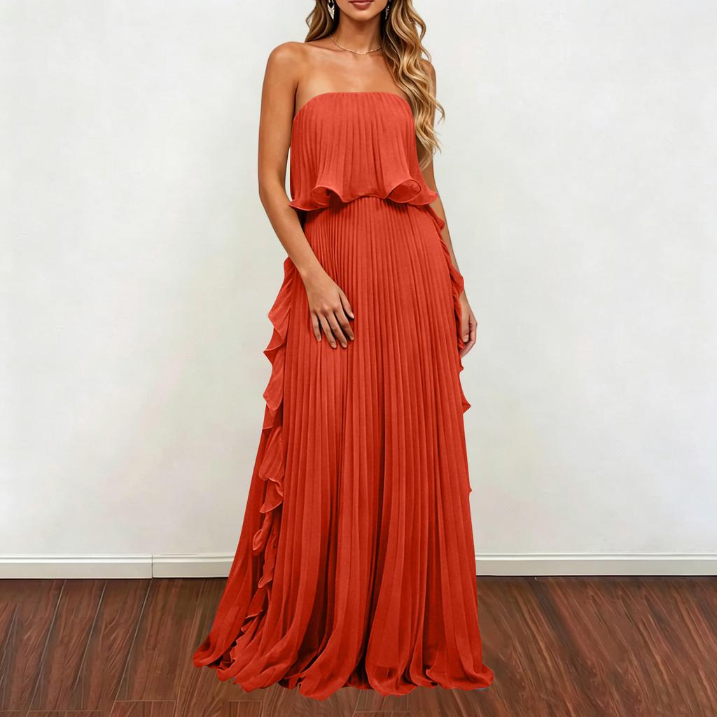 Women Strapless Pleated Maxi Dress Sleeveless Ruffle Hem Chiffon Evening Gown Long Length Summer Fashion Formal Dress