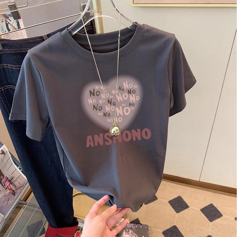 2025 Summer Cotton Crew Neck Shoulder Short Sleeve T-Shirt Women's Apricot Loose ins Tide Half Sleeve Top Versatile T-Shirt