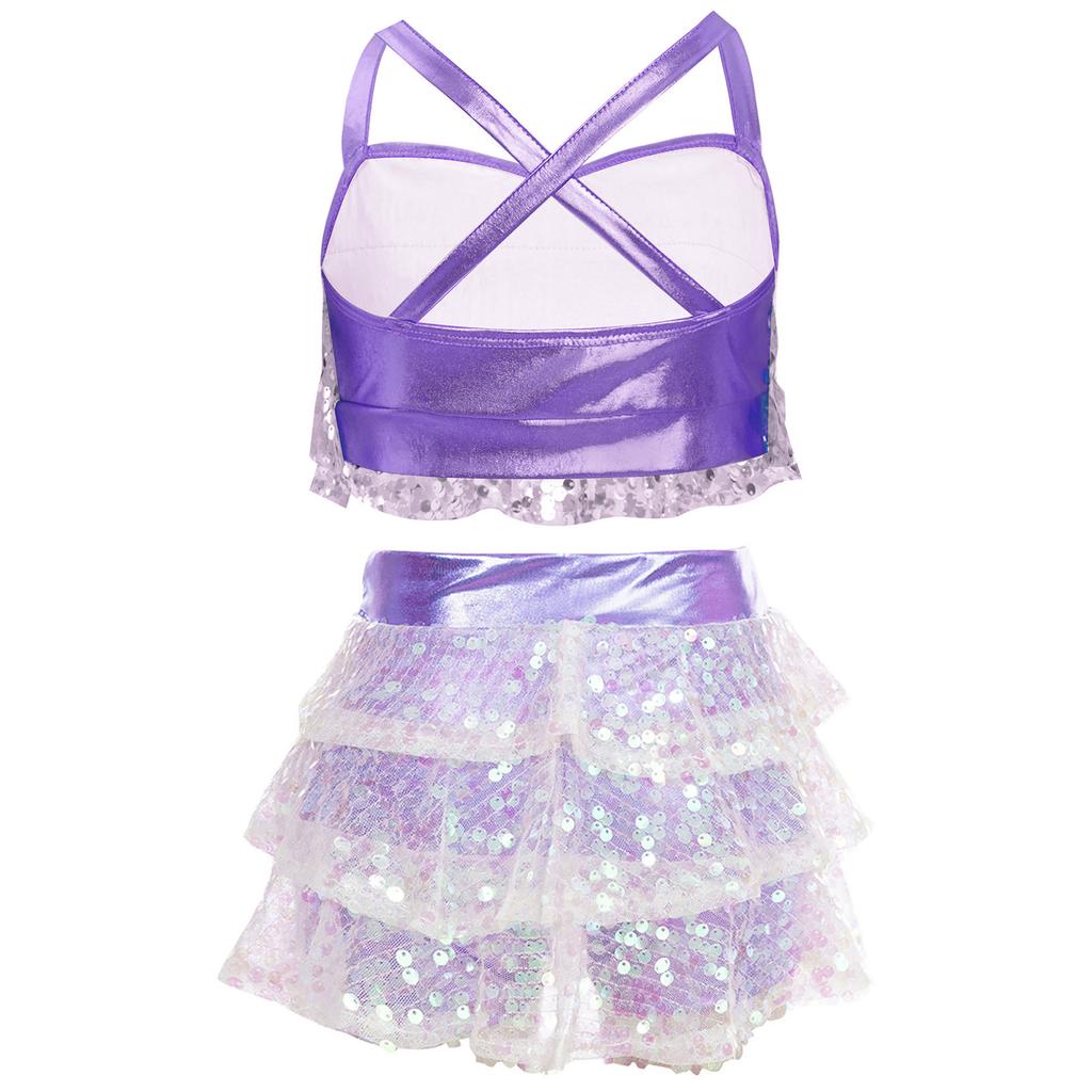 Jazz-Tanz-Outfit für Mädchen, glitzerndes, gestuftes Rüschen-Crop-Top, metallische Culottes für Bühnenauftritte