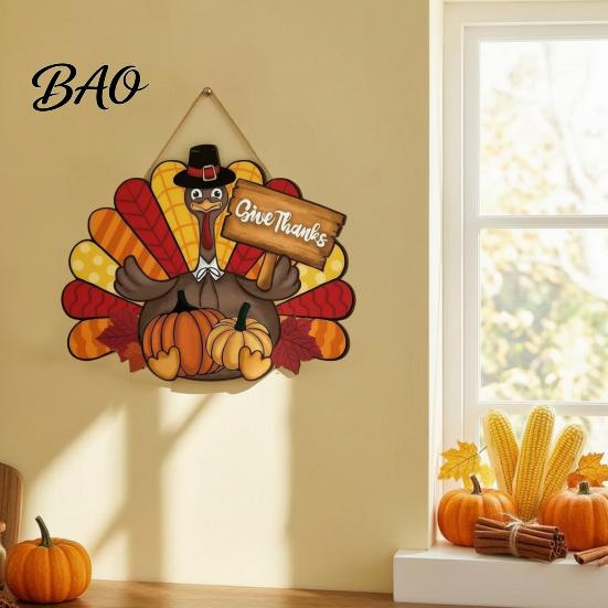 Outdoor Thanksgiving Decor Wooden Sign, Turkey and Pumpkin Welcome Wall Hanging with "Give Thanks" High-definition Printed Sign , Rustic Farmhouse