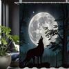 Wolves Howling At Night Shower Curtain Set With 12 Hooks, Bathroom Mat, Toilet Seat Cover & U-Shaped Rug - Polyester, All-Season