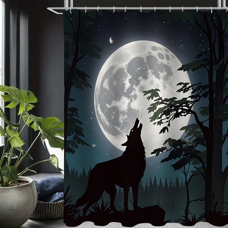 Wolves Howling At Night Shower Curtain Set With 12 Hooks, Bathroom Mat, Toilet Seat Cover & U-Shaped Rug - Polyester, All-Season
