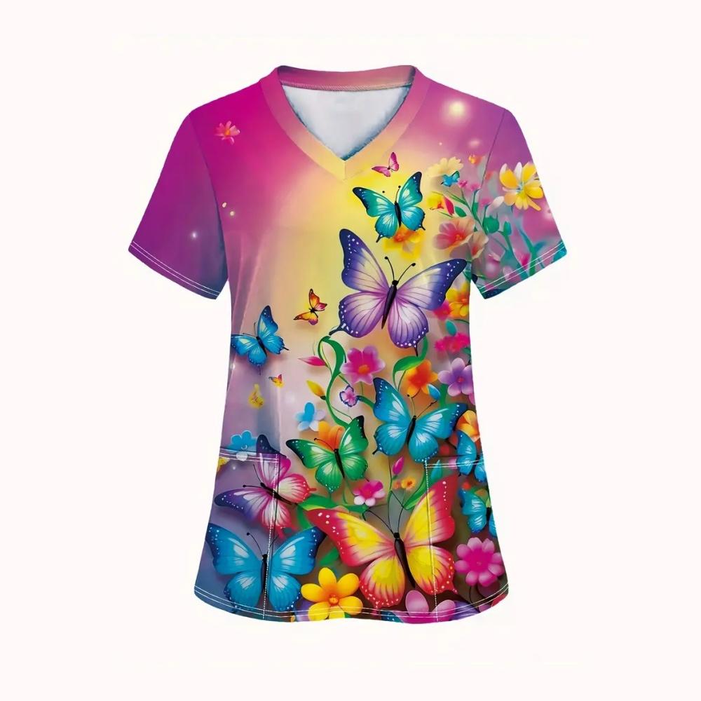 

Clinical Uniform Woman Elegant Butterfly Print Summer Microelastic V-Neck Health Care Fashion Short Sleeve Tops Medical Clothes S