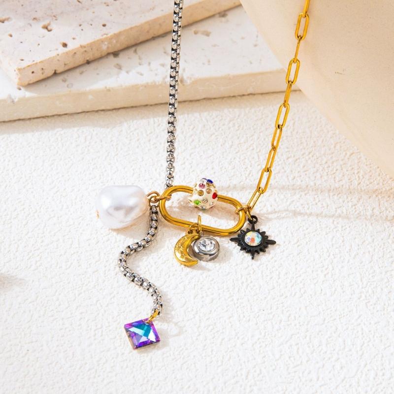 Stylish Splicing Pendant Clavicle Chain Jewelry Titanium Steel Necklace with Moon Star Pearls for Everyday Wear