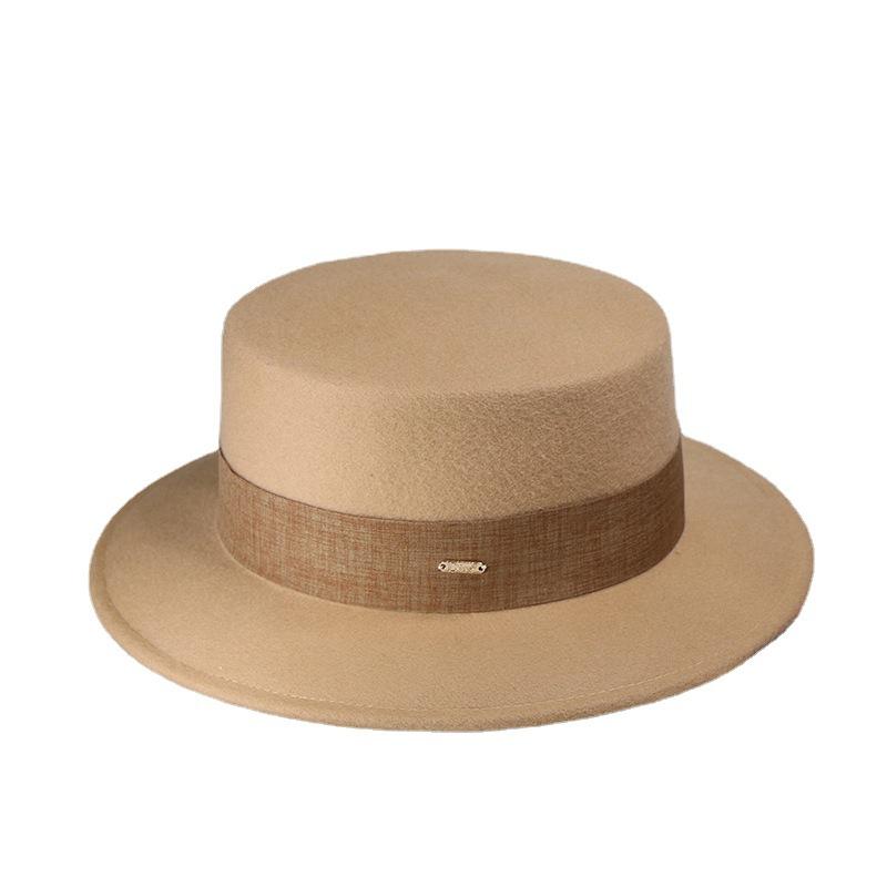 Wool top hat women's flat brim flat top big head circumference British men's versatile camel black face hat