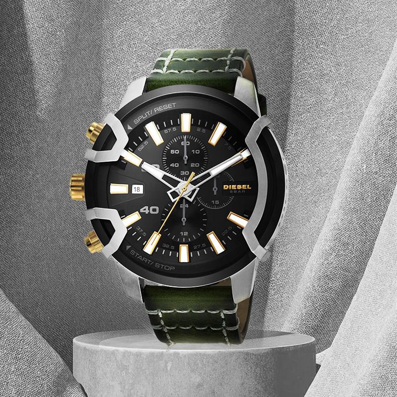 Diesel Watch Quartz Movement Leather Strap Black Dial Chronograph Calendar Black Gold Color Block DZ4585 Men watches DZ4585