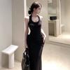 Black U-neck Sleeveless I-shaped Vest Dress Women's Summer Spice Girl Waist Slim Skirt Temperament Hip-wrapped Long Dress