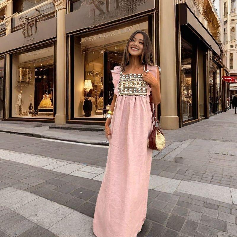 

2025 Элегантное длинное платье с рукавами-крылышками и цветными блоками - Женская европейская и американская мода XXL розовый