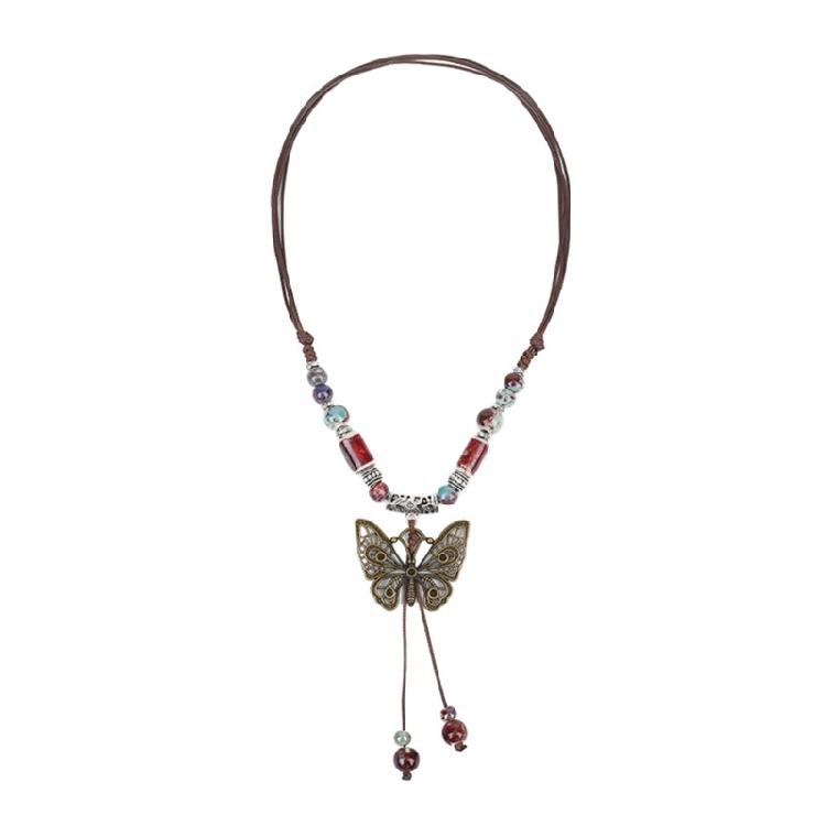 

Vintage Butterfly Pendant Necklace Clavicle Chain Jewelry Ceramic Bead Necklace 1