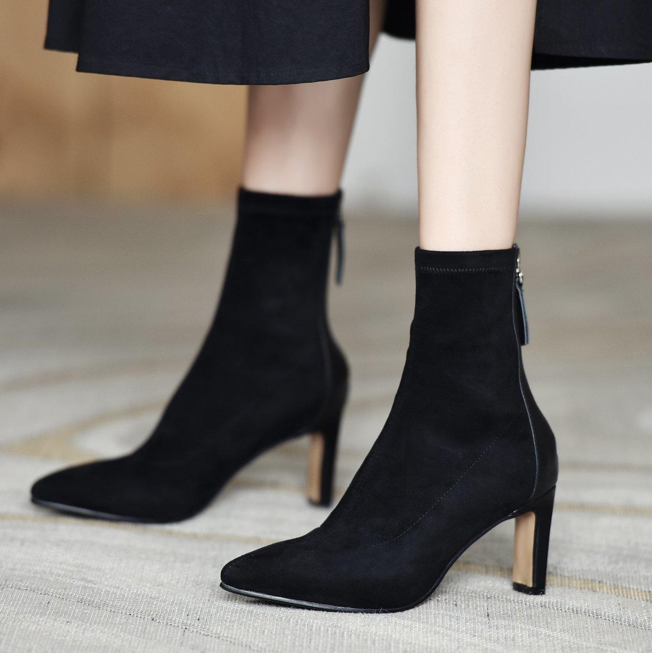 

French pointed high-heeled short boots women s 2025 autumn and winter new suede thin boots thick heel elastic boots black small bare boots 40
