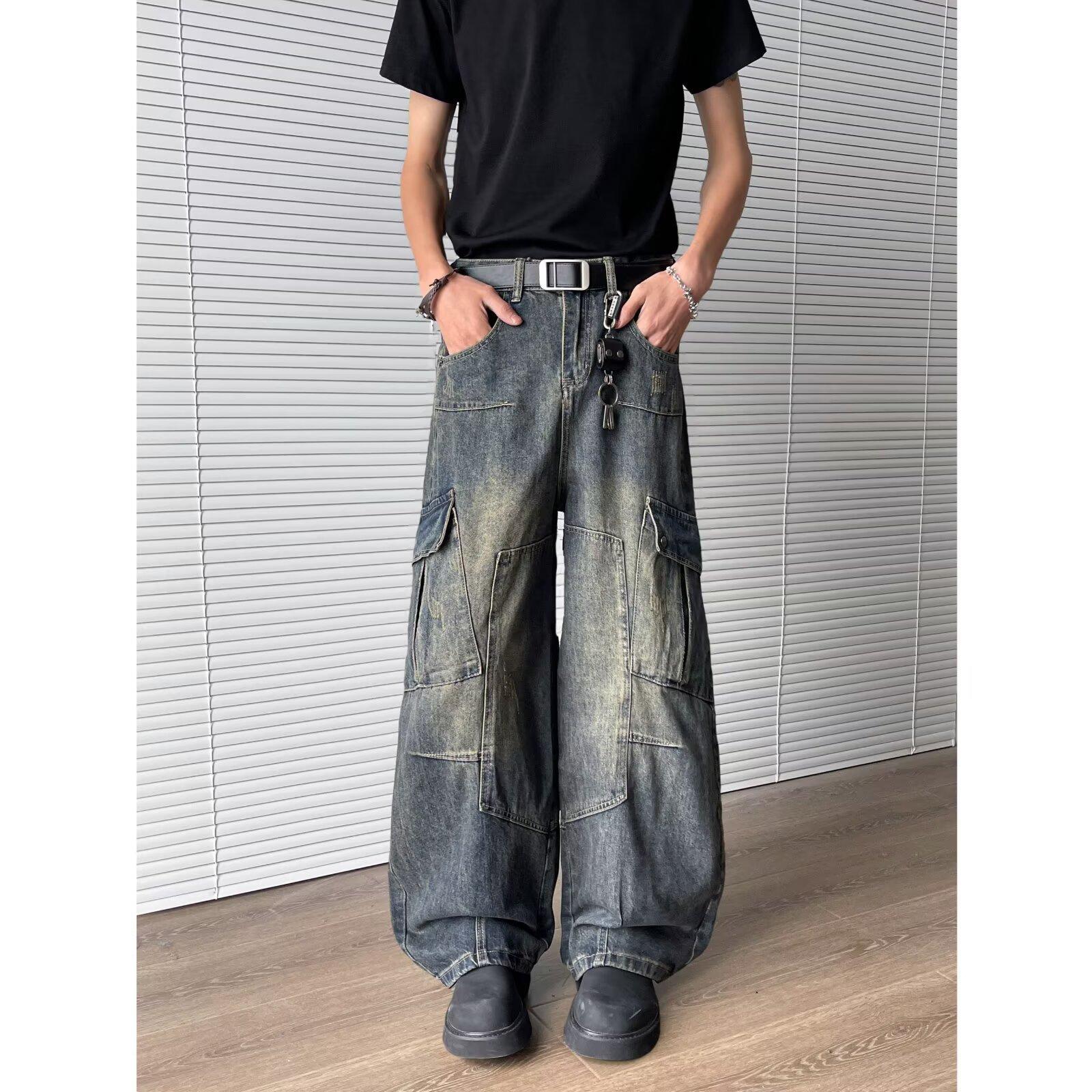 

JYL Mens Jeans Autumn New Loose Straight American High Street Drooping Denim Pants L м яч синього кольору