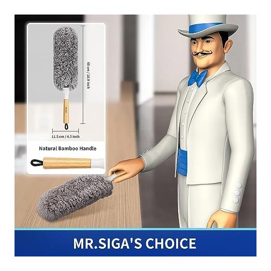 MR.SIGA Lint-Free Dust Remover Bamboo Handle Replaceable Head Washable Microfiber Duster for Home Cleaning