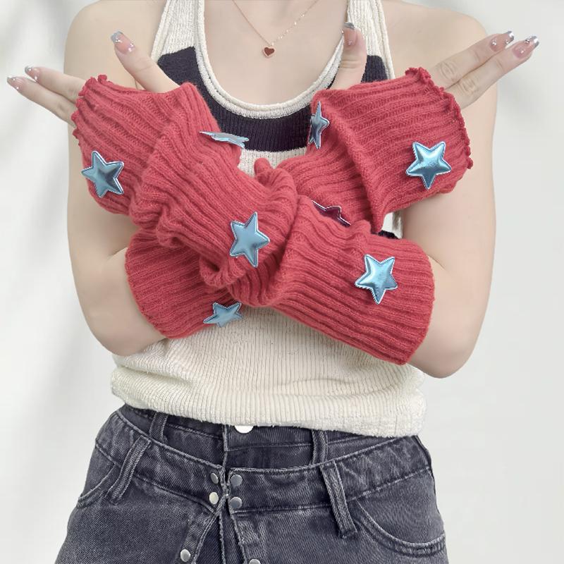 Fingerless Gloves Red Sleeves Sweet And Cute Girl Wool Knitted Christmas Star Arm Sleeves