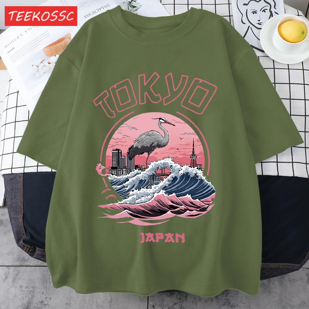 Tokyo Japan Harajuku Crane Waves Men TShirt AllMatch Casual Short Sleeve Cotton Summer Tee Male Hip Hop ONeck Streetwear