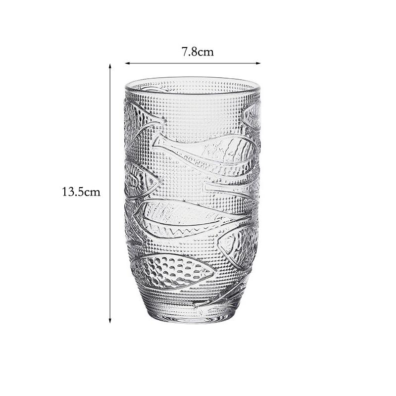 Glass Cup Vintage Embossed Fish Design Glass Milk Juice Cup Iced Latte Coffee Cups Water Drinking Glasses Home Party Glassware