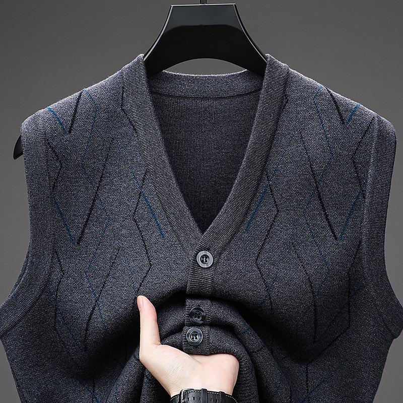 V Neck Sleeveless Thick Wool Blend Vest For Middle Aged Men Winter Casual