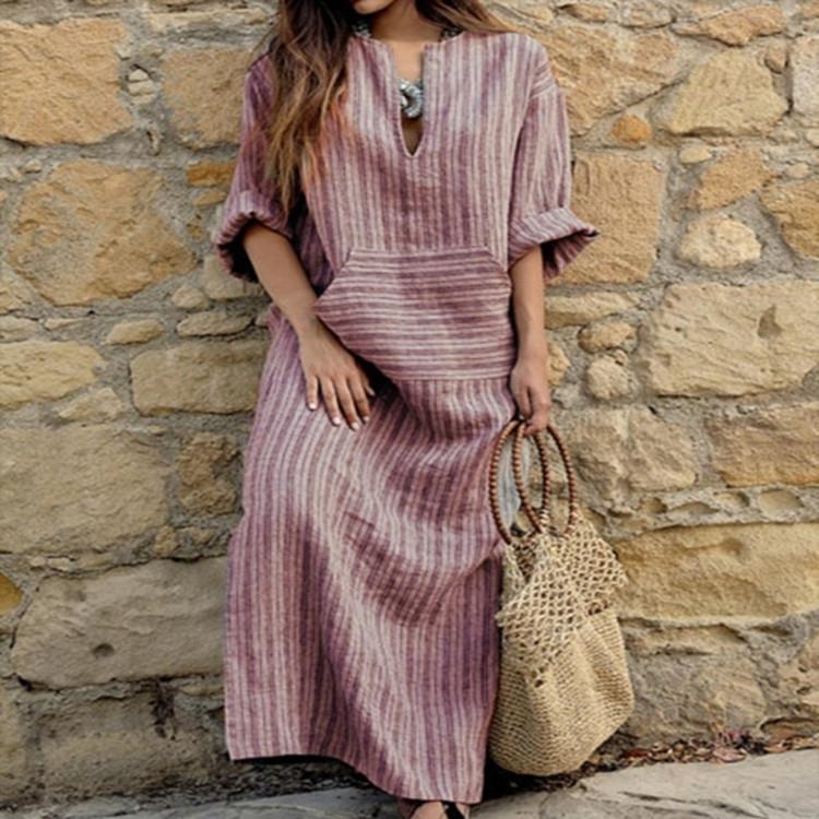 

Весенне-осеннее платье с V-образным вырезом и длинными рукавами, из хлопка и льна, окрашенное в полоску XXXXXL