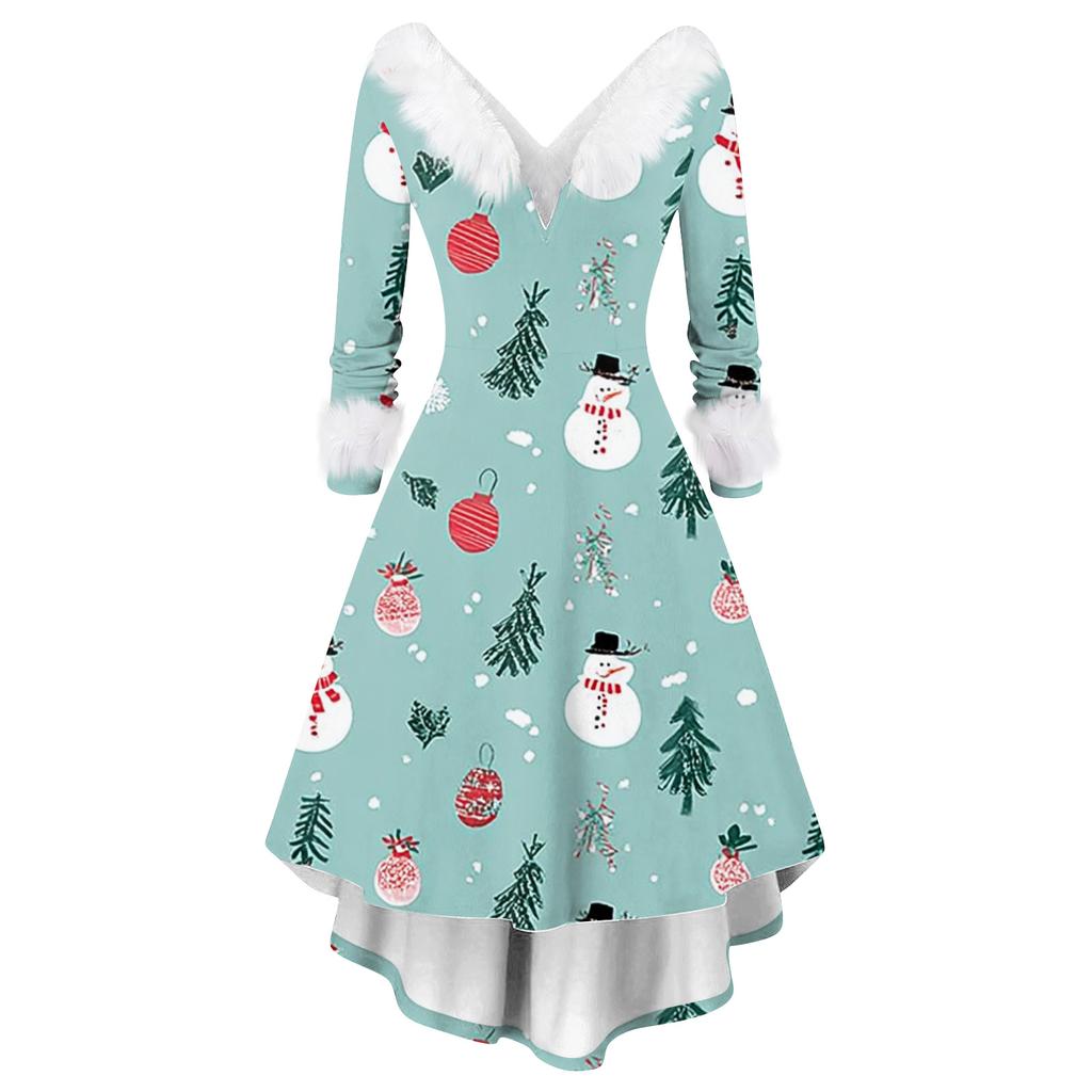 Women's Fashion Elegant Autun And Winter Long Sleeve V-Neck Christmas Print Dress