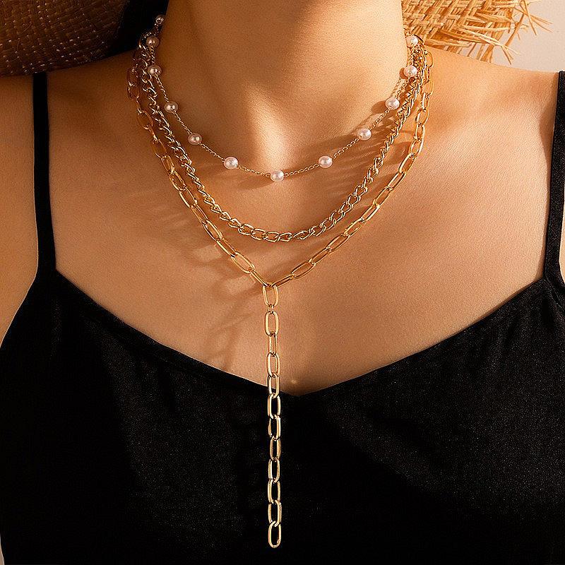 Fashion imitation pearl personalized alloy chain women, punk cross chain fringed multi-layer necklace