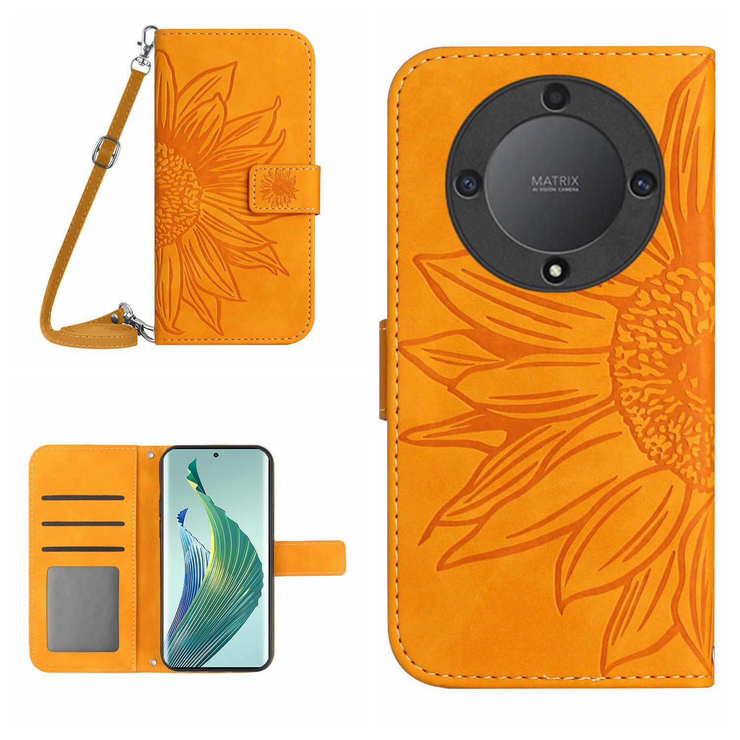 

For Honor Magic5 Lite 5G/X9a 5G HT04 Leather Phone Case Sunflower Pattern Stand Wallet Cover with Shoulder Strap Yellow