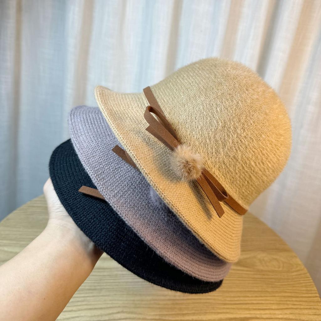 Hat Women's Autumn and Winter Bow Bucket Hat Dome Basin Hat British Retro Top Hat
