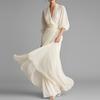 2026 Womens Elegant Loose Fit French Style Solid Color Long A-Line Dress V-Neck High Waist Casual Wear