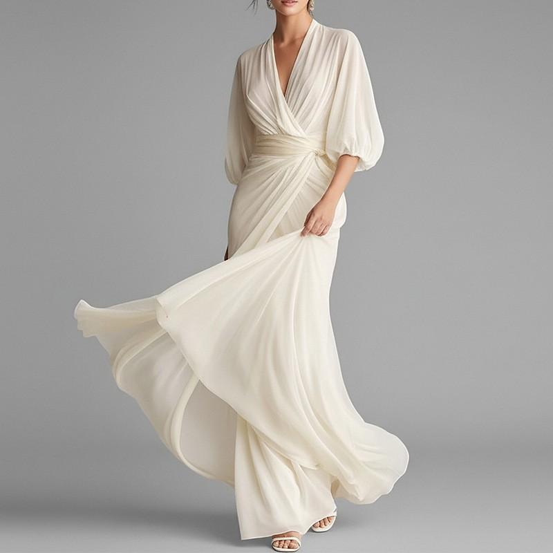 2026 Womens Elegant Loose Fit French Style Solid Color Long A-Line Dress V-Neck High Waist Casual Wear