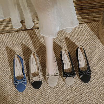 Ballet High Heels Shoes For Woman Basic Pumps Two Tone Stitching Round Bow Mesh Hollow Fashion Party Single Shoes
