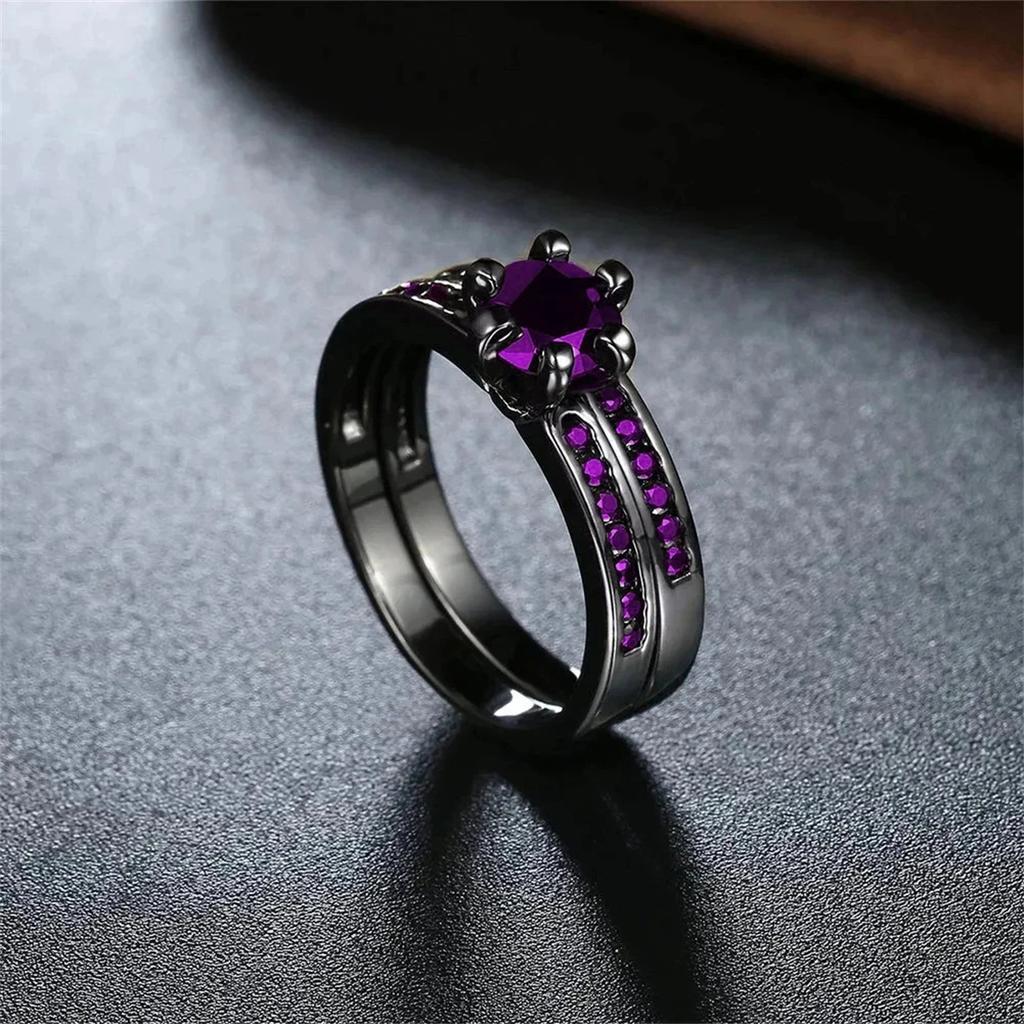 Fashion Couple Rings Charm Purple Rhinestones CZ Women Rings Set Trendy Men Stainless Steel Zirconia Ring Wedding Band Jewelry