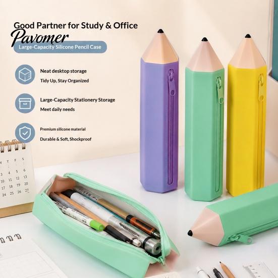 Multipurpose Storage Bag Students Silicone Pencil Case with Zipper, Waterproof Shaped School Stationery Pouch, Large Organizer for Pens, Erasers,