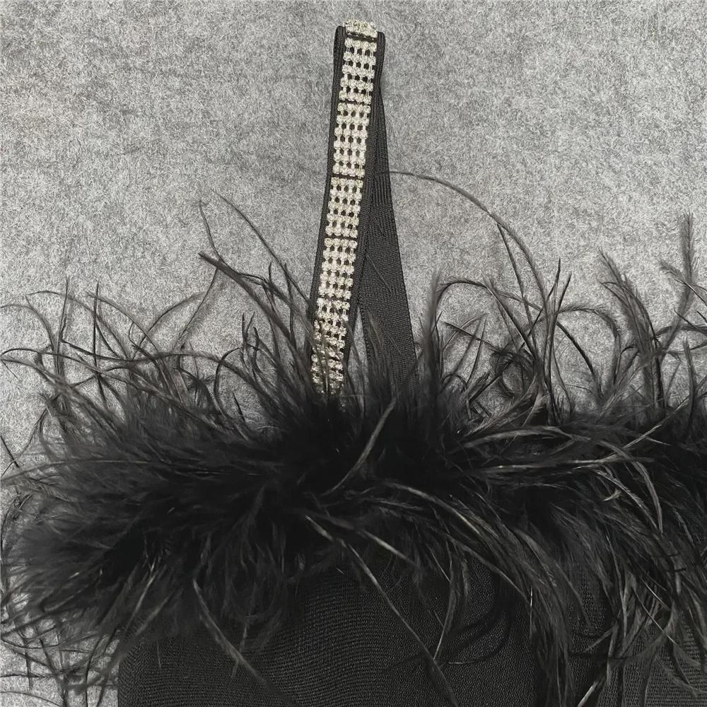 "European & American Women's Sexy Celebrity Feather Slit Bandage Midi Dress with Diamonds"