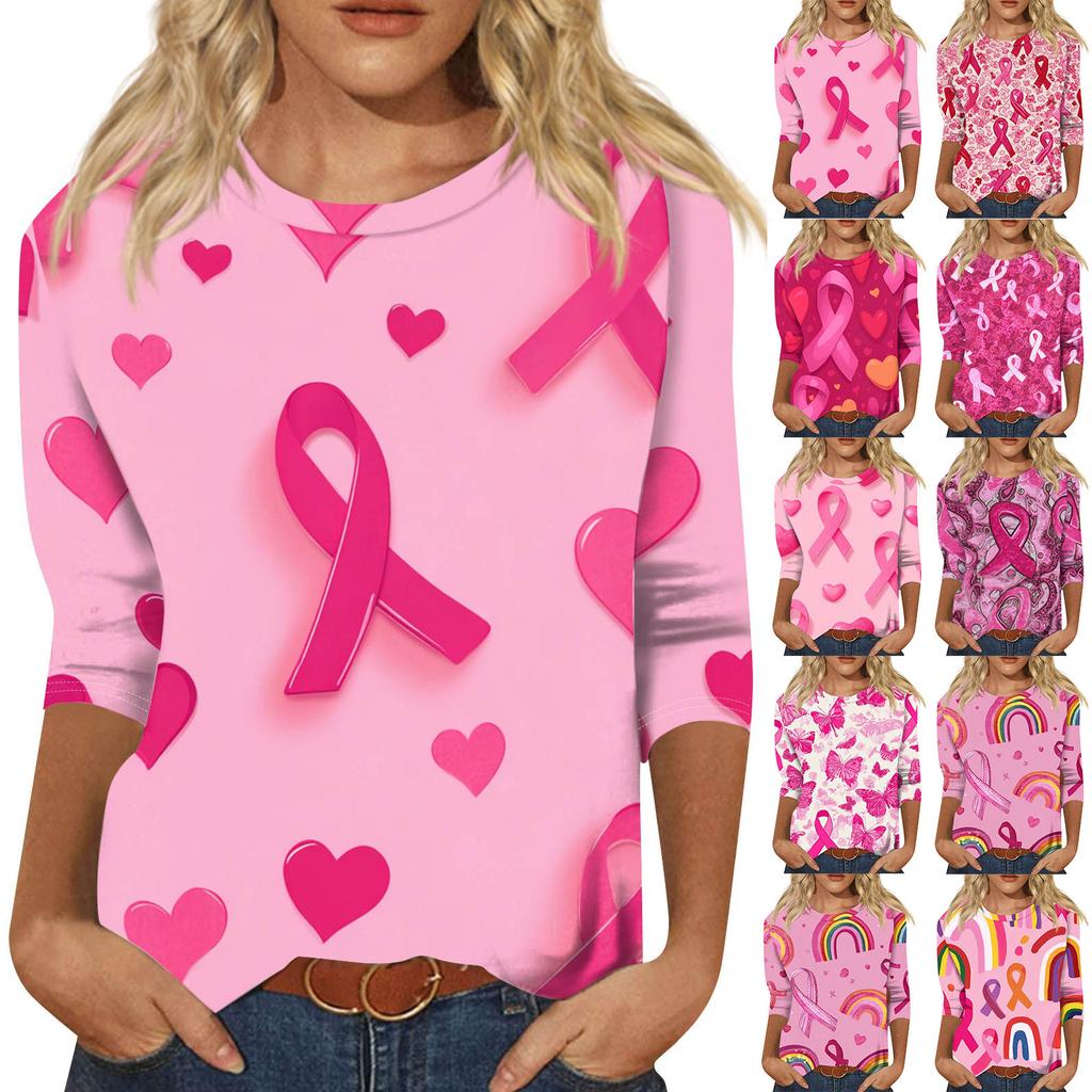 Women's Fashion Casual Seven Split Sleeve Printed Loose Round Neck Top