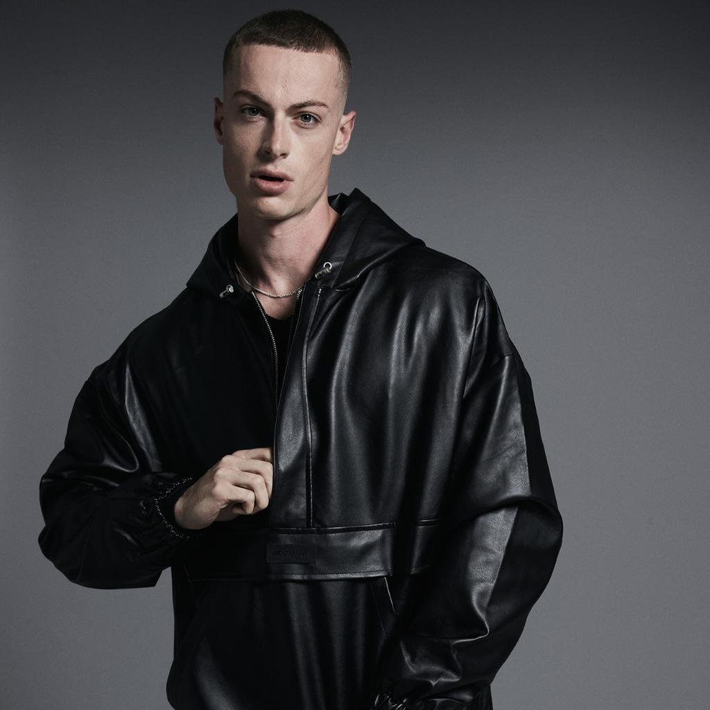 Apostrophe Comma Leather Patch Anorak Hoodie Leather Jacket_Black