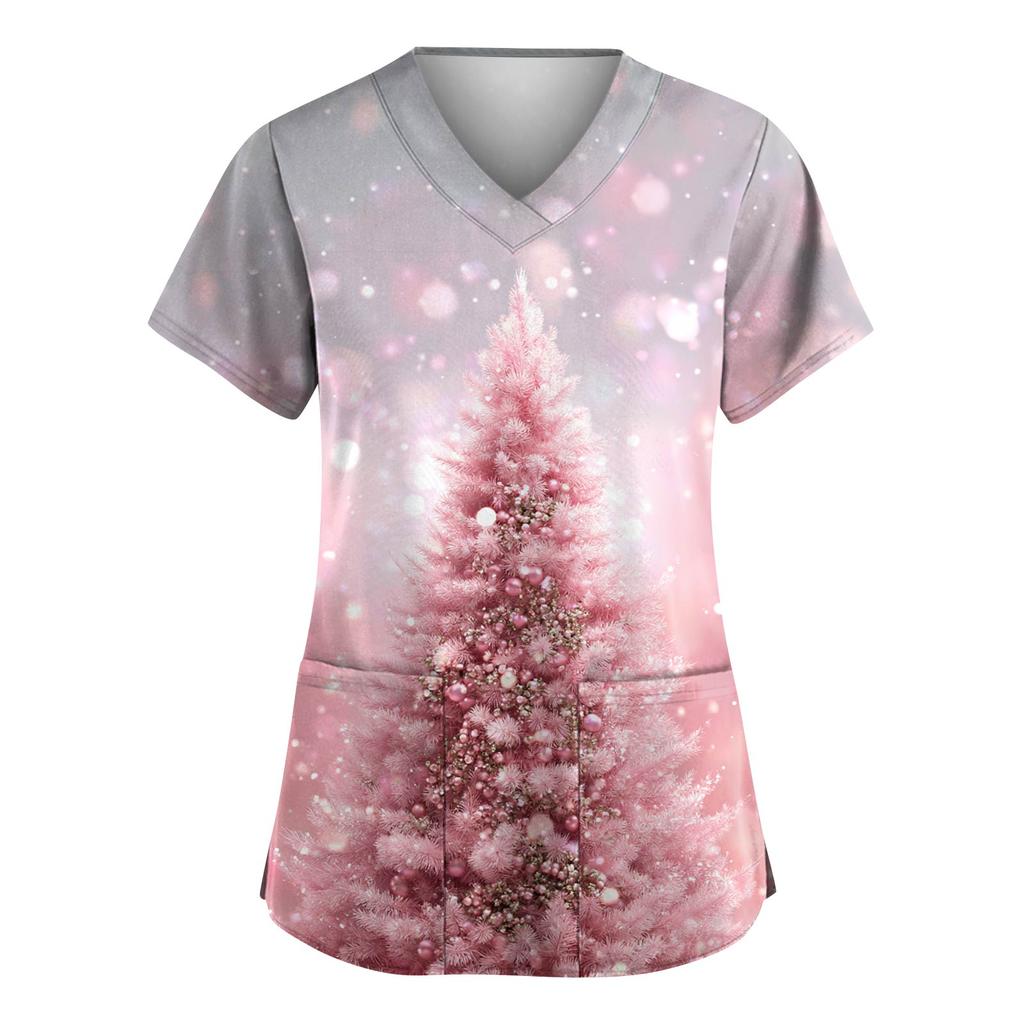 Women's Fashion V-Neck Short-Sleeved Workwear With Pockets Christmas Print Top Caregiver Uniform