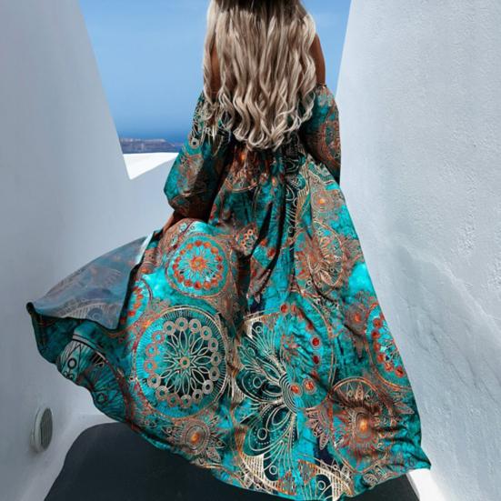 Lantern Long Sleeve Waist Tight Split Large Hem Maxi Dress Bohemia Print