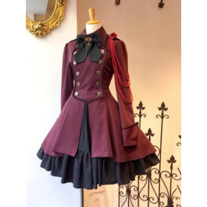 women s Gothic Lolita Bow Decor Long Sleeve Corset Waist Flared Mini Dress Victorian Renaissance Cosplay Costume S