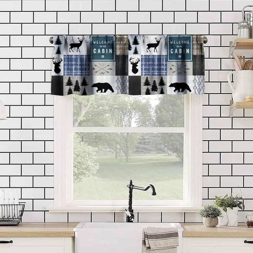 Rustic Cabin Kitchen Valances Curtain,Vintage Country Farmhouse Bear Moose Deer Rod Pocket Small Valance Treatments for Living Room Bedroom